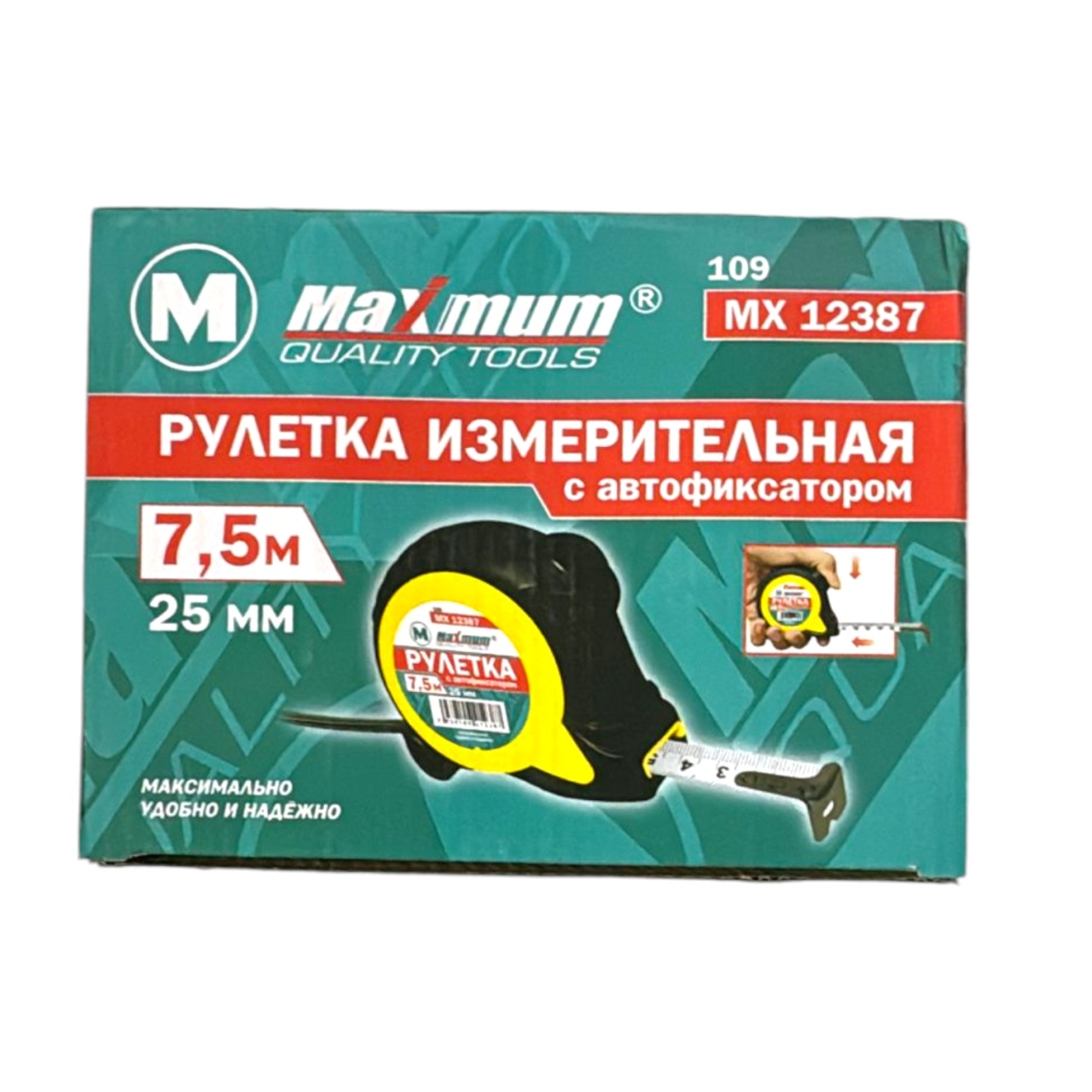 рулетка измерительная с автофиксатором ленты 7,5 м*25 мм, тип 109, "maximum" mx 12387 (2464) (2464) оптом